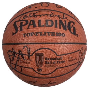 NBA Hall of Fame Logo Basketball With 14 Signatures Including Erving, Frazier, Monroe, Walton & Bradley (JSA)